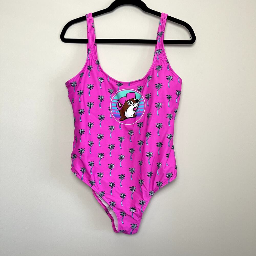 Buc-ees Pink Palm Tree beaver Pull On Open‎ Mid Back One Piece Swimsuit Womens M